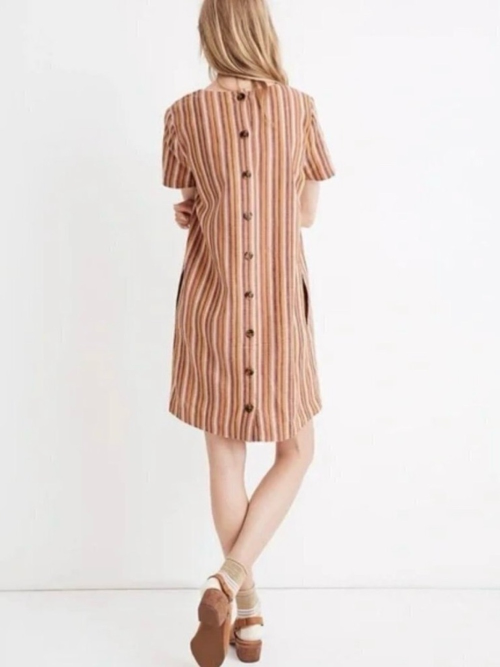 Madewell Linen Button-Back Stripped V-neck Short Sleeve Dress - Picture 2 of 11